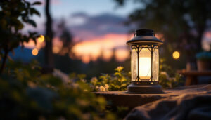 A photograph of a beautifully designed solar lantern illuminating a cozy outdoor setting at dusk