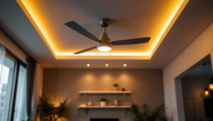 A photograph of a stylish ceiling fan installed in a modern living space