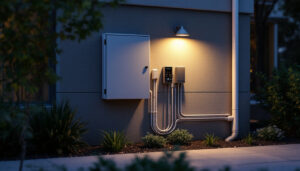 A photograph of a well-installed outdoor electrical box in a residential setting