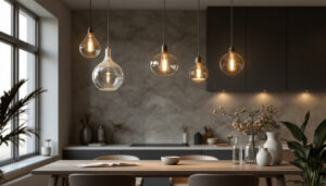 A photograph of a stylish pendant light installation in a modern interior setting