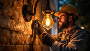 A photograph of a skilled lighting contractor working on an elegant gas light installation