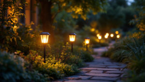 A photograph of a beautifully illuminated garden at dusk