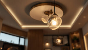 A photograph of a beautifully designed ceiling light fixture in a modern interior space