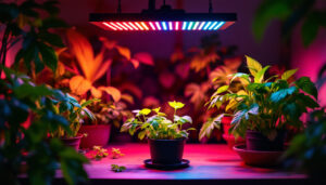 A photograph of a well-lit indoor gardening setup featuring vibrant plants under an led grow light