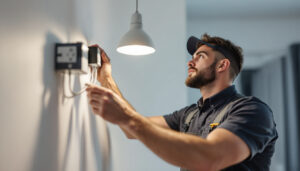 A photograph of a skilled electrician or lighting contractor installing or adjusting leviton lighting products in a modern residential or commercial setting