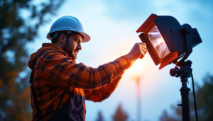 A photograph of a skilled lighting contractor expertly installing or adjusting floodlights in an outdoor setting