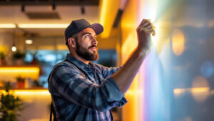 A photograph of a skilled lighting contractor expertly installing vibrant led strip lights in a modern interior setting