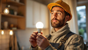 A photograph of a lighting contractor in action