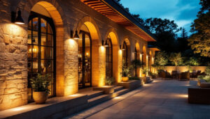 A photograph of a beautifully illuminated outdoor space featuring various styles of exterior lighting fixtures in use