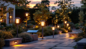 A photograph of a beautifully illuminated outdoor space featuring various styles of solar lighting fixtures