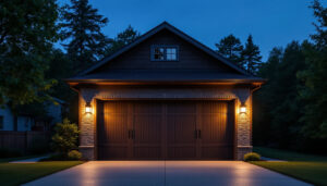 A photograph of a well-lit outdoor garage showcasing various styles of outdoor garage lights in use