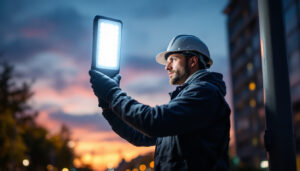 A photograph of a lighting contractor installing or inspecting a modern led streetlight