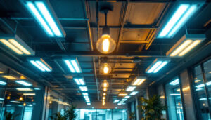 A photograph of a well-lit commercial space featuring various types of fluorescent lighting fixtures