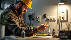 A photograph of a skilled lighting contractor examining various types of electrical outlets in a well-lit workspace