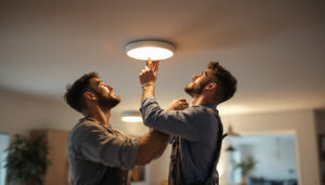 A photograph of a skilled lighting contractor installing recessed lighting in a modern home setting