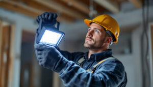 A photograph of a skilled lighting contractor installing or adjusting a work light in a construction or renovation setting