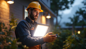 A photograph of a lighting contractor installing or showcasing led flood lights in an outdoor setting