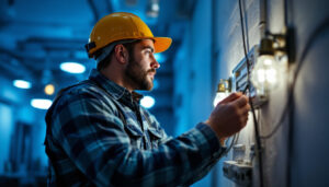 A photograph of a lighting contractor examining or installing a light ballast in a commercial or residential setting