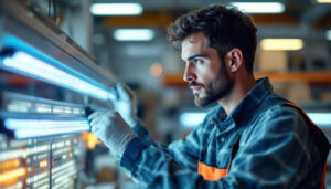 A photograph of a lighting contractor examining a uv light fixture in a well-lit workspace