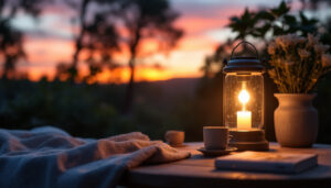 A photograph of a solar lantern illuminating a cozy outdoor setting at dusk