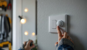 A photograph of a close-up of a motion sensor light switch being installed by a contractor in a well-lit room