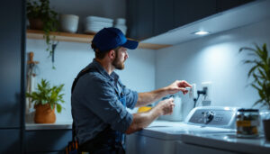 A photograph of a skilled lighting contractor inspecting a well-lit dryer outlet in a modern laundry room