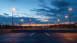 A photograph of a well-lit parking lot at dusk