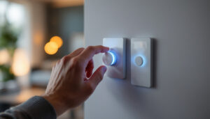 A photograph of a close-up shot of a hand adjusting a modern dimmer switch