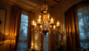 A photograph of a beautifully designed chandelier in an elegantly lit room