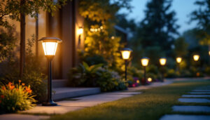 A photograph of a well-lit outdoor space showcasing various solar lights in use