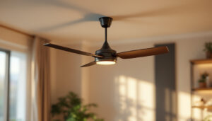 A photograph of a stylish ceiling fan installed in a well-lit