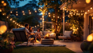 A photograph of a beautifully arranged outdoor setting illuminated by warm