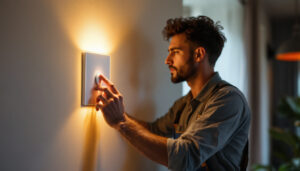 A photograph of a skilled lighting contractor installing a modern led dimmer switch in a stylish home setting