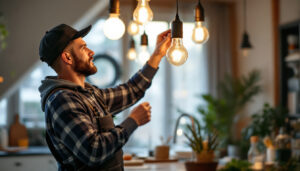 A photograph of a lighting contractor expertly installing various types of lightbulbs in a modern home setting