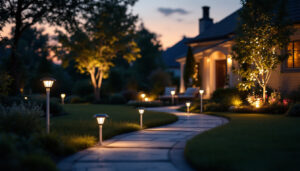 A photograph of a beautifully illuminated yard at dusk