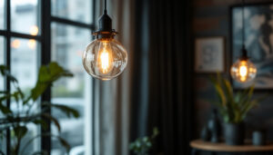 A photograph of a beautifully designed hanging light fixture in a stylish interior setting