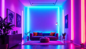 A photograph of a well-lit interior space showcasing vibrant led light strips installed along walls