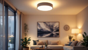 A photograph of a stylish flush mount light fixture installed in a modern living space