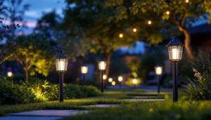 A photograph of a beautifully illuminated outdoor space featuring various solar lighting installations