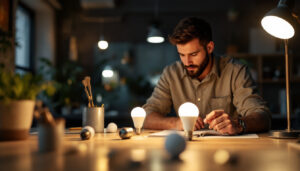 A photograph of a well-lit workspace featuring a variety of a19 bulbs in different settings