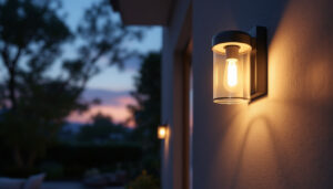 A photograph of a beautifully designed exterior light fixture installed in a stylish outdoor setting