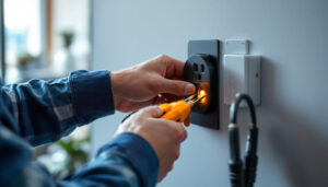 A photograph of a skilled lighting contractor expertly installing or inspecting a modern power outlet in a well-lit residential or commercial space