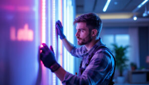 A photograph of a skilled lighting contractor installing vibrant led strips in a modern interior setting