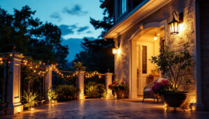 A photograph of a beautifully illuminated outdoor porch featuring stylish lighting fixtures