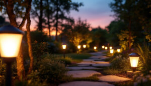 A photograph of a beautifully illuminated outdoor landscape featuring solar landscape lights highlighting pathways