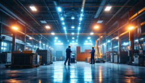 A photograph of a well-lit industrial space showcasing high bay led lights in action