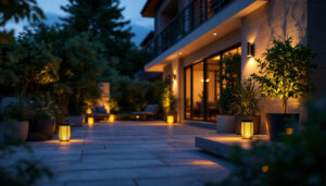 A photograph of a beautifully illuminated outdoor space showcasing various styles of solar exterior lights