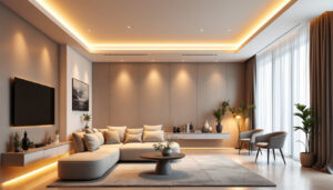 A photograph of a modern living space featuring stylish led recessed lighting