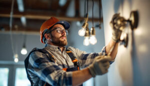 A photograph of a skilled lighting contractor at work