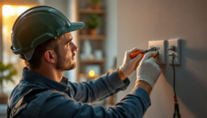 A photograph of an electrician installing or inspecting an electric outlet in a residential setting